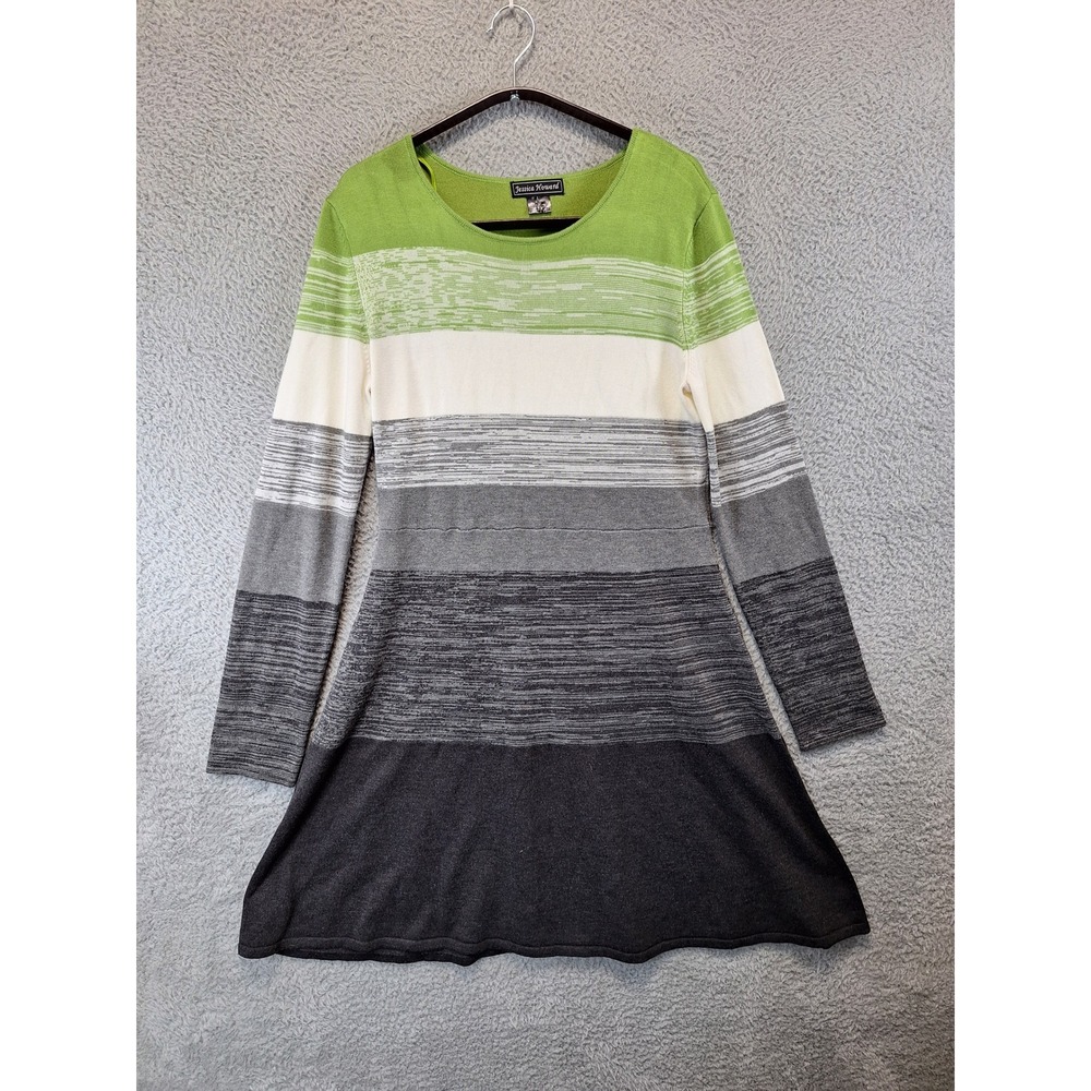 Jessica Howard Womens Green Grey Striped‎ Long Sleeve A-Line Sweater Dress Large